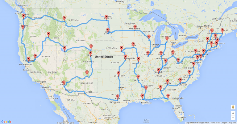 Google Maps image of a route to 48 US State Capitols
